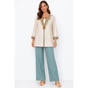 Bob Mackie Wearable Art Tunic Top 2X Linen Blend Embroidered Boho